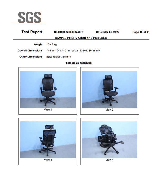 Ergonomic Mesh Chair SGS Test Report